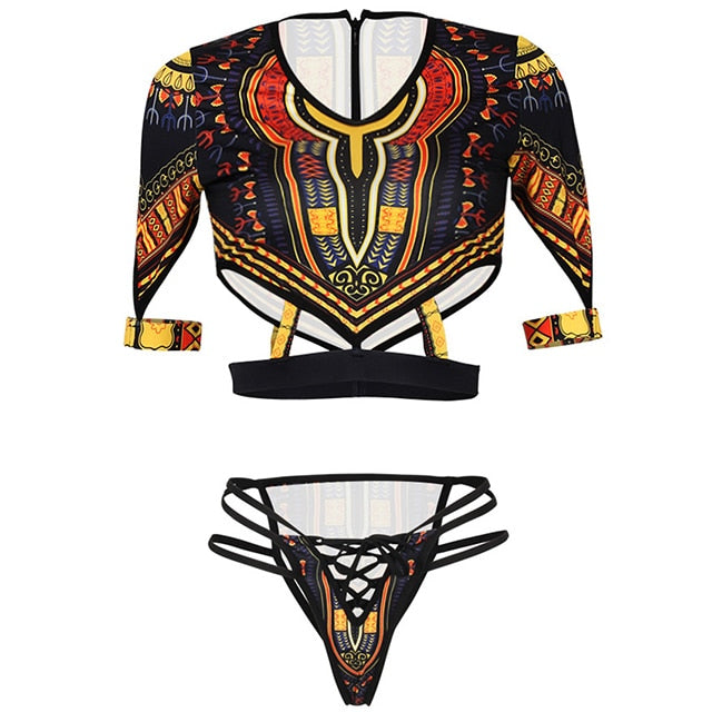 African Dashiki Print Short Sleeve Bikini