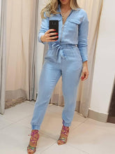 Load image into Gallery viewer, Zip Up Long Sleeve Denim Jumpsuit

