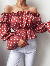 Load image into Gallery viewer, Off  The Shoulder Flirty Ruffled Trim Shirring Blouse
