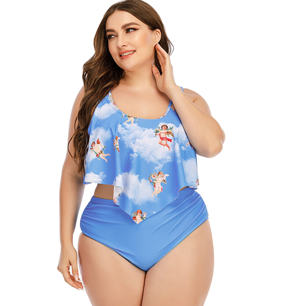 Plus Size Two Piece Cactus/Letter Printed Ruffle Swimsuits