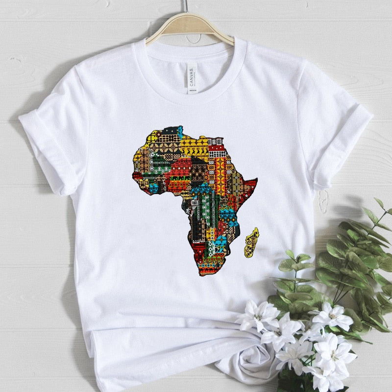 Africa Map Graphic Tees Women Clothes 2020 Summer Tops Harajuku Female T-shirt 100%Cotton White Printed t shirt Femme Streetwear